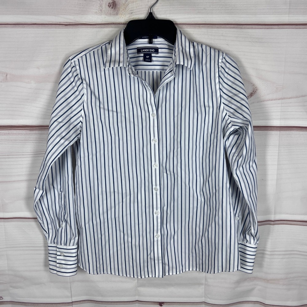 Lands End No Iron Supima Shirt Women 4P White Blue Striped Button Up Top Classic